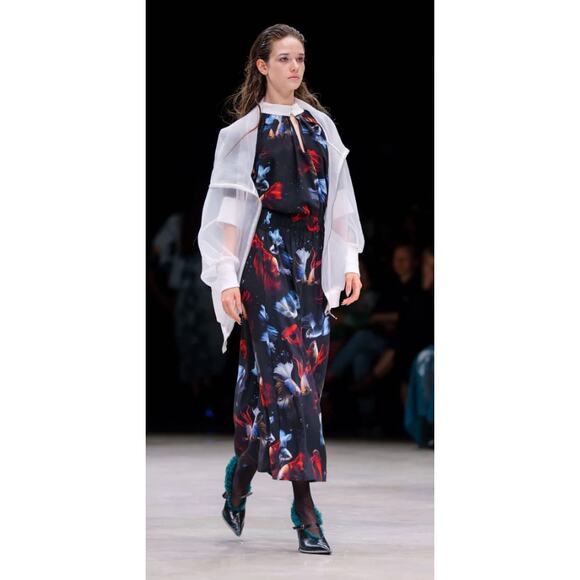 Julia Allert Black Maxi Long Dress Red Blue Fish White Collar Large NWT - Picture 8 of 13